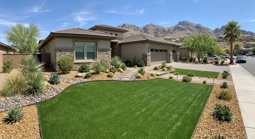 create ·    Newly installed artificial turf lawn with desert landscaping in Las Vegas image